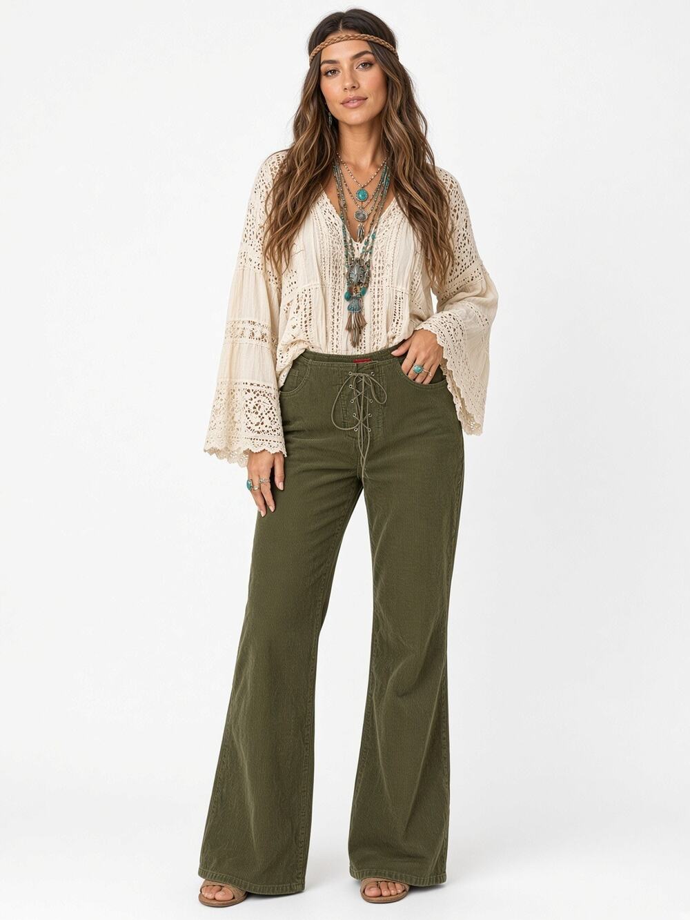 Vintage Y2K Mossimo Olive Green Cordoroy Boot Cut Boho Lace Up Pants Juniors 13